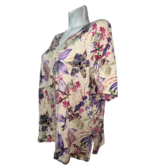 Chico's Top XL (3) Tropical Floral Elbow Sleeve Tee Sunset Peach Purple - Picture 4 of 6